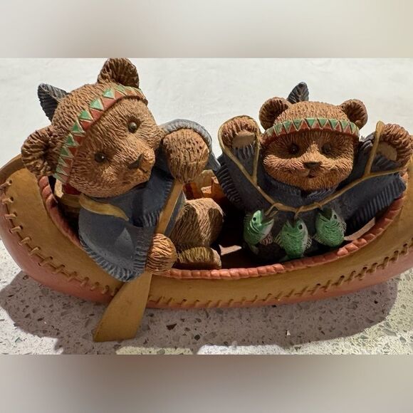 Teddy Bear Tales Thanksgiving Figurine, 2 Indian Bears In Canoe w/ Turkey - Picture 2 of 8
